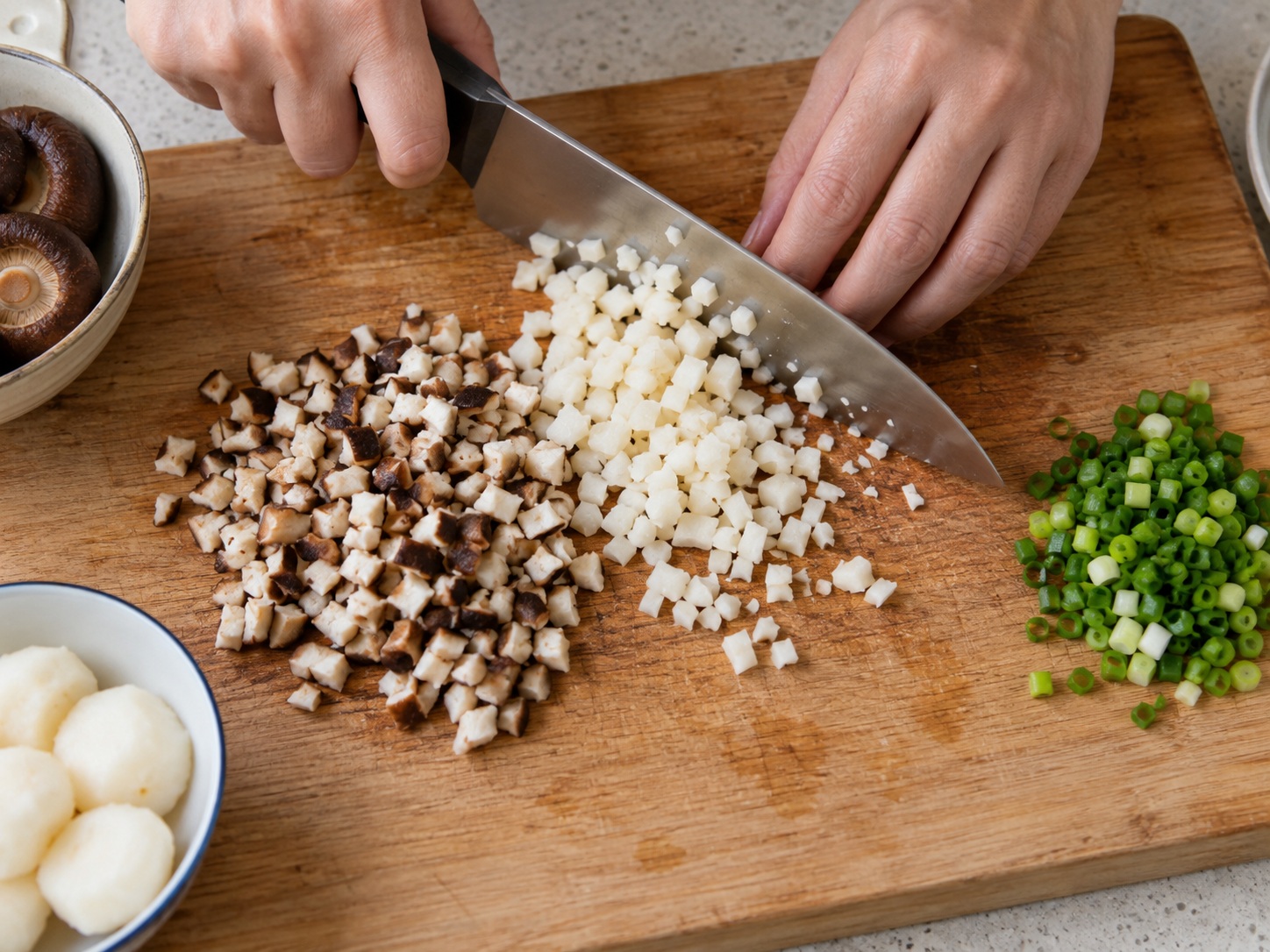 Guangxi Stuffed Tofu Peppers — 2. Finely dice shiitake and water chestnuts; mince spring onion