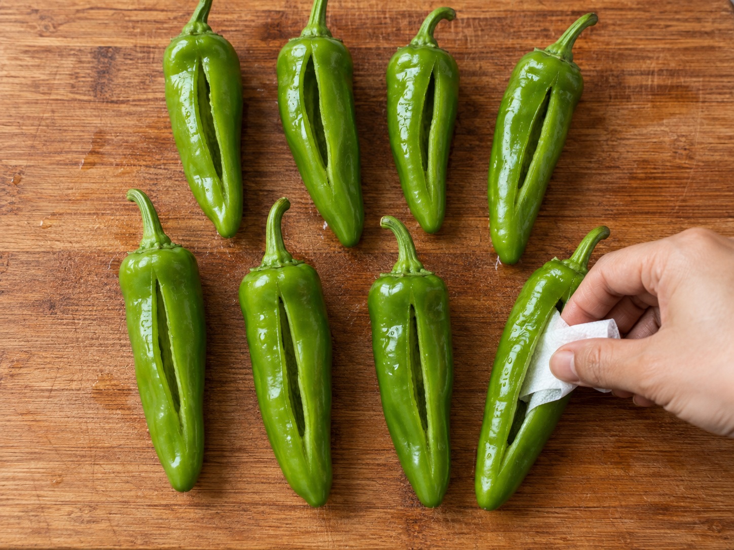 Guangxi Stuffed Tofu Peppers — 6. Pat pepper cavities dry so the filling adheres