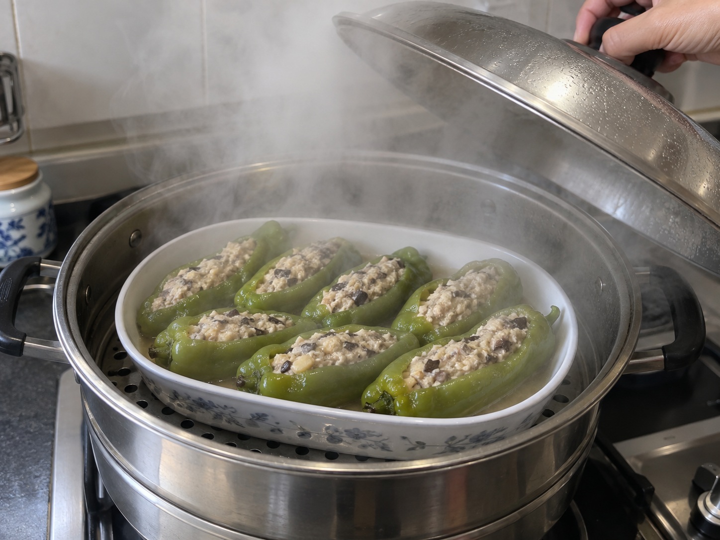 Guangxi Stuffed Tofu Peppers — 10. Steam covered over high heat for 12 minutes