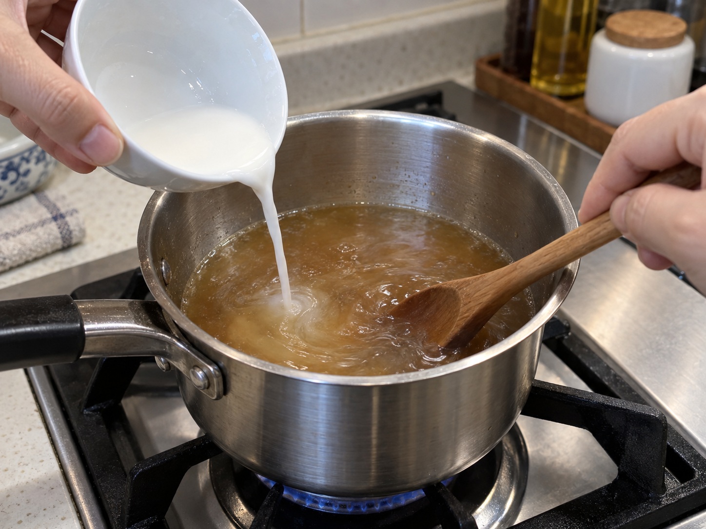 Guangxi Stuffed Tofu Peppers — 11. Whisk cornflour with cold water; boil stock and soy, then stir in slurry until lightly thick
