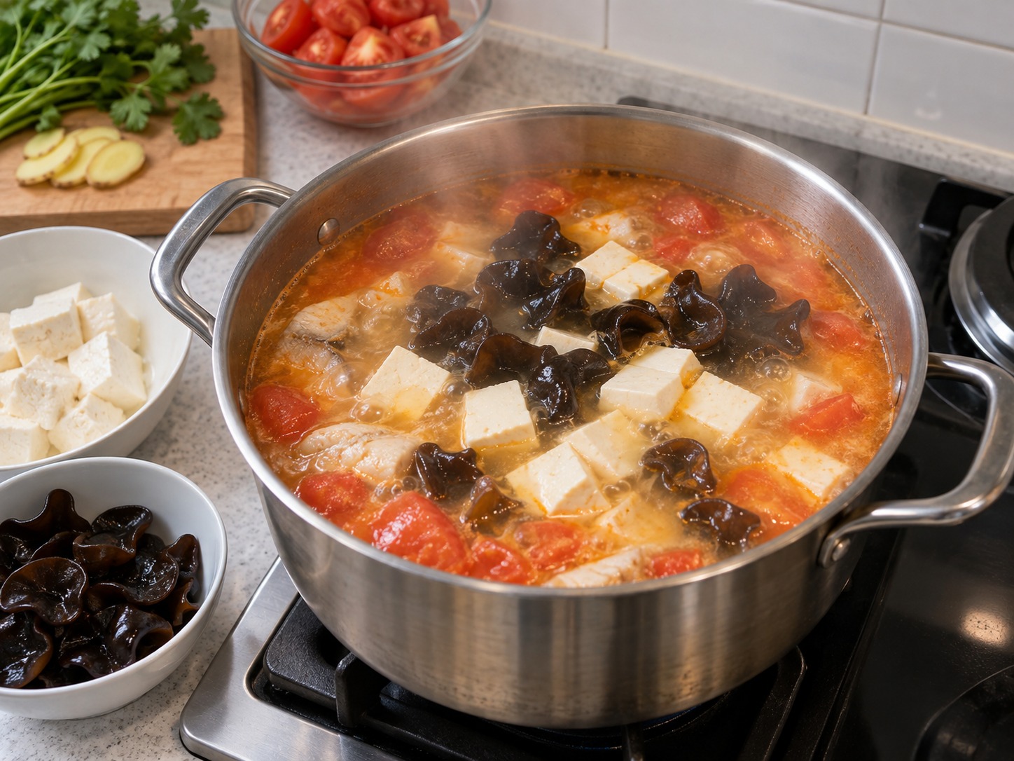 Isda sa Maasim na Sabaw ng Kaili — Idagdag ang kabute at tokwa at lutuin nang marahan sa dalawang minuto