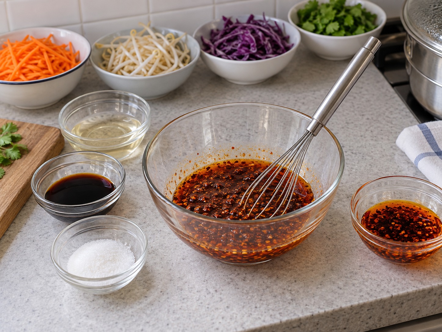 Gulungan Sayur Siwawa Guizhou — Campur minyak cabai, cuka beras, kecap asin ringan, dan gula untuk saus asam pedas