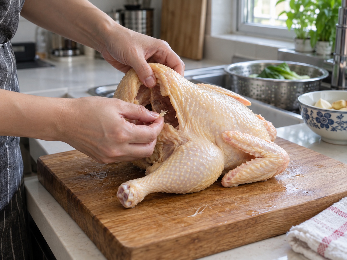 Hainan Wenchang Chicken — 1. Remove chicken from refrigerator 20 minutes before cooking; check cavity is clean