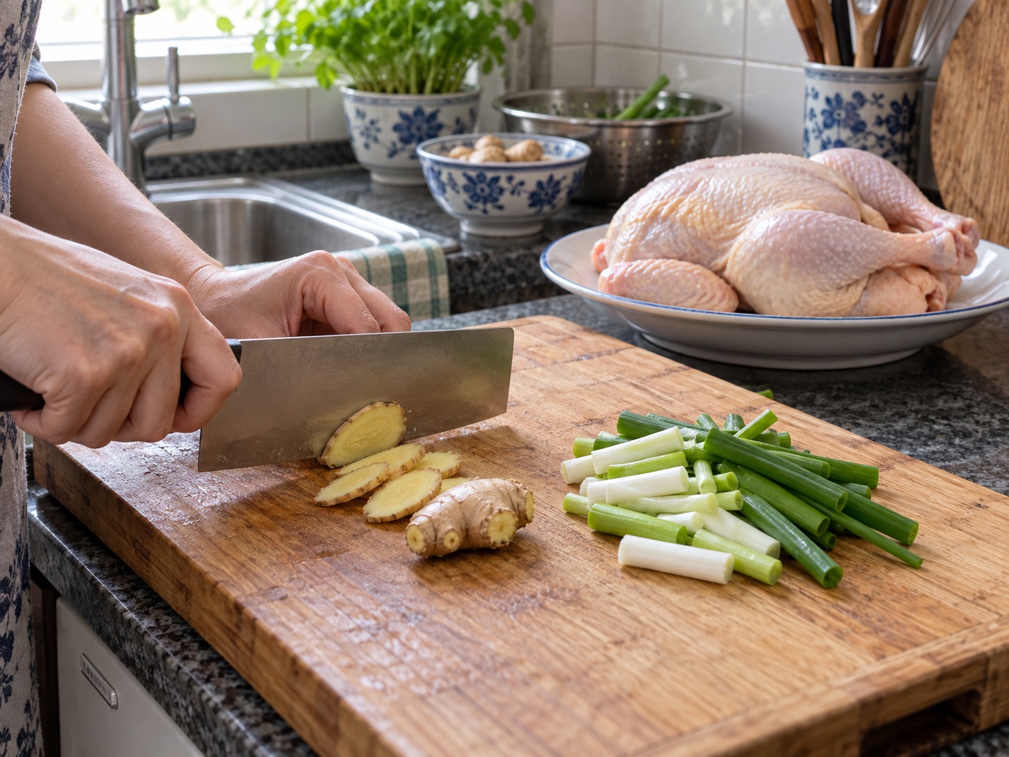 Hainan Wenchang Chicken — 2. Slice ginger and cut spring onion into 5 cm lengths