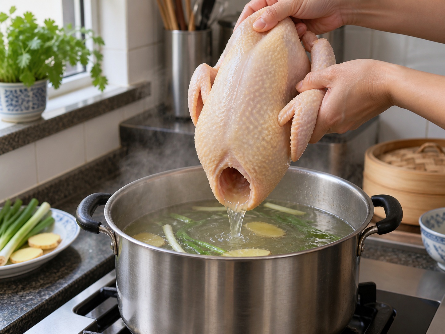 Hainan Wenchang Chicken — 4. Hold chicken by legs and dip it three times to warm cavity evenly