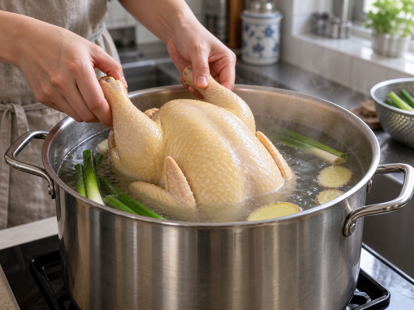 Hainan Wenchang Chicken — 5. Lower chicken breast-side up with ginger, spring onion, salt and Shaoxing wine
