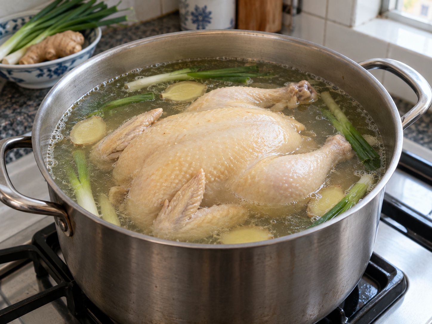Hainan Wenchang Chicken — 6. Return water to a boil, then immediately reduce to 85–90°C