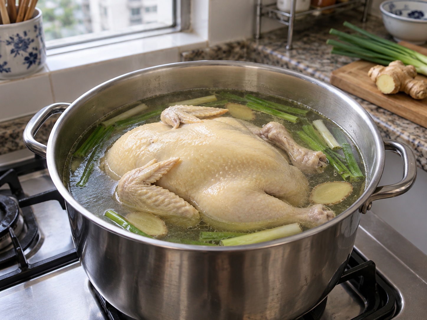 Hainan Wenchang Chicken — 8. Turn off heat and rest chicken in poaching water 10 minutes