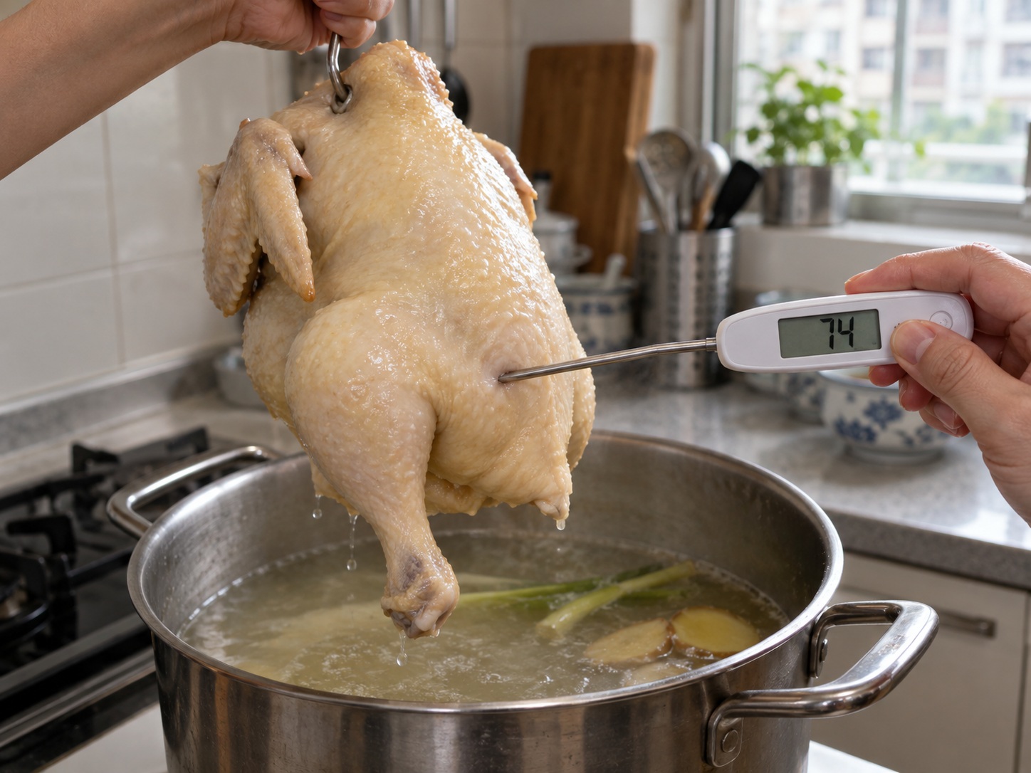 Hainan Wenchang Chicken — 9. Probe thickest thigh away from bone; it must reach 74°C