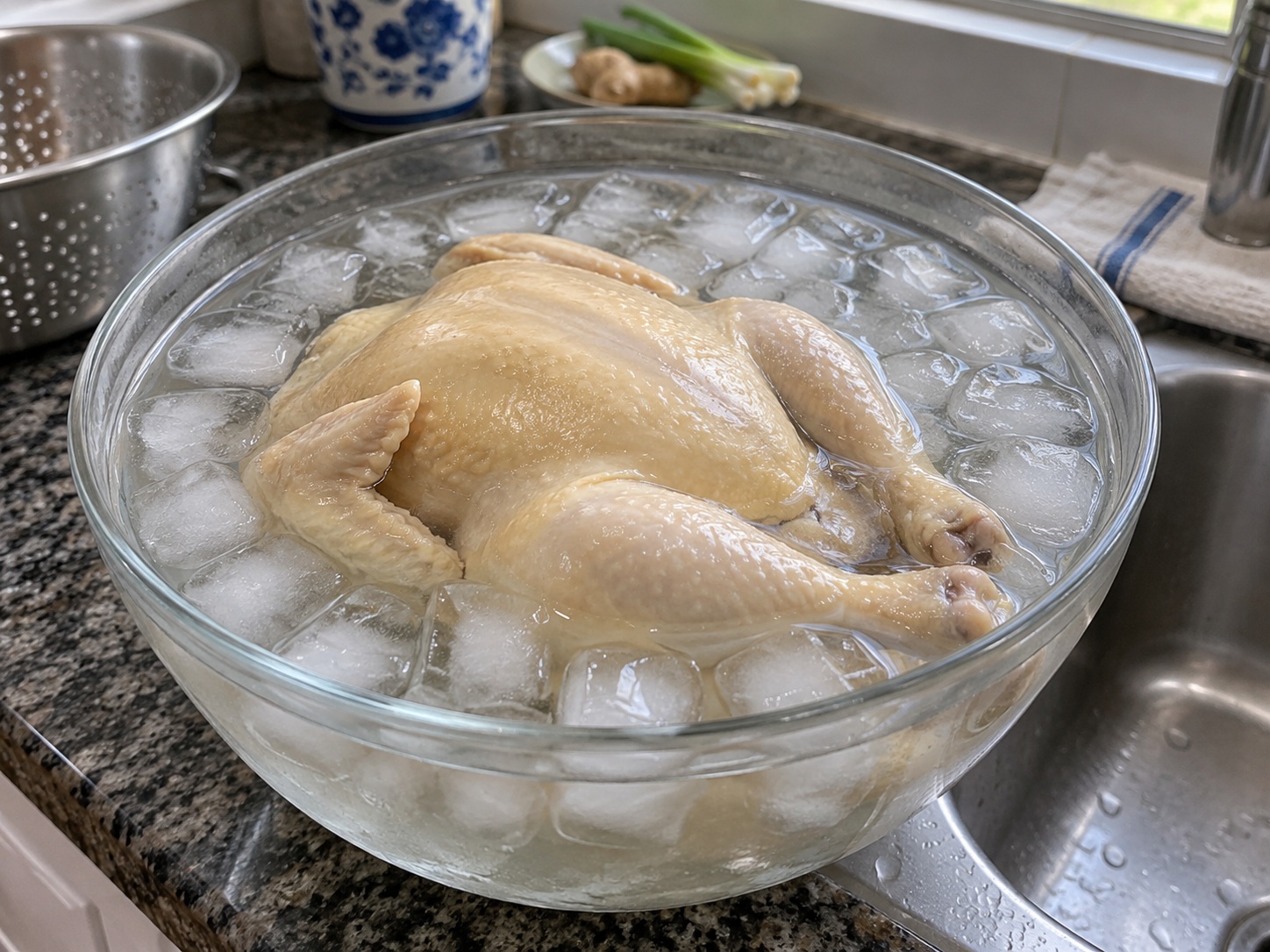 Hainan Wenchang Chicken — 10. Lift chicken into ice water for 8 minutes to tighten skin, then drain dry