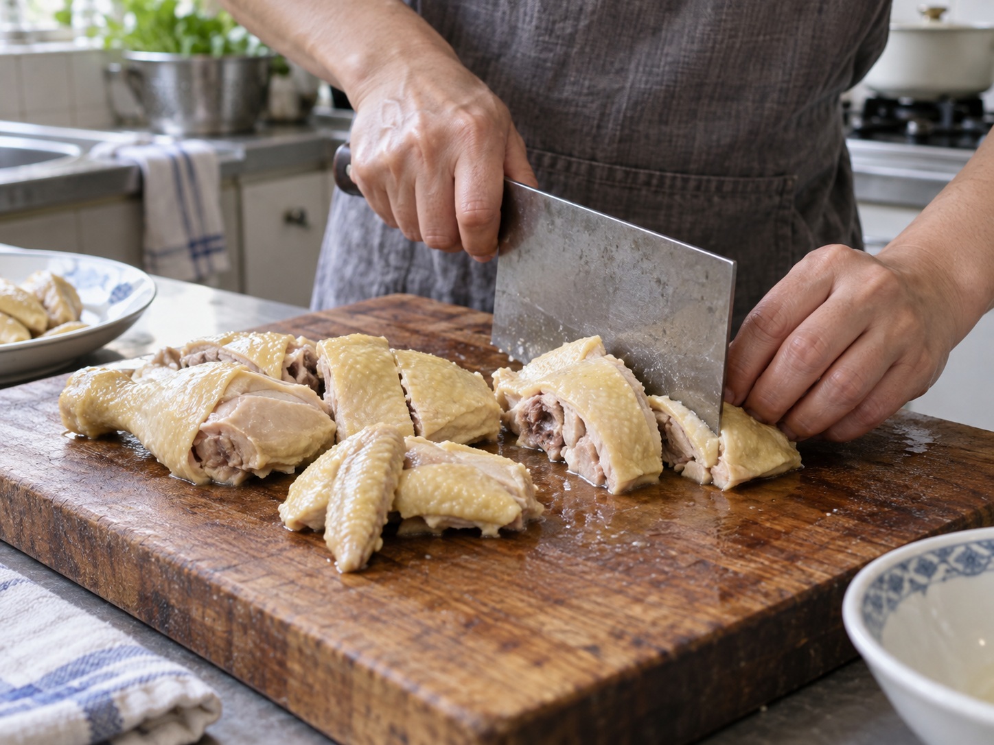 Hainan Wenchang Chicken — 11. Chop chicken through bone into bite-size pieces using a heavy cleaver