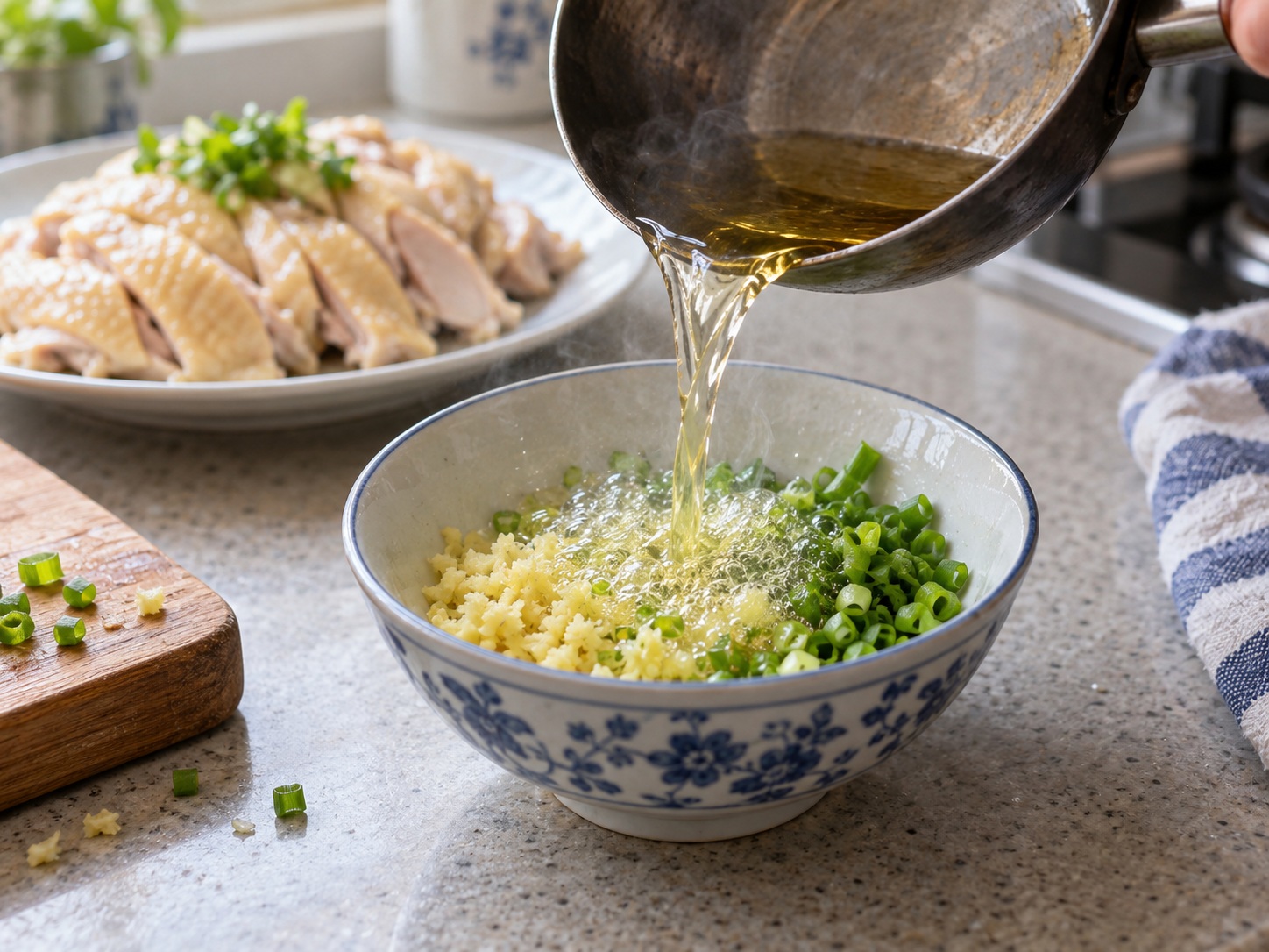 Hainan Wenchang Chicken — 12. Pour hot oil over minced ginger, spring onion and salt; serve sauce beside chicken