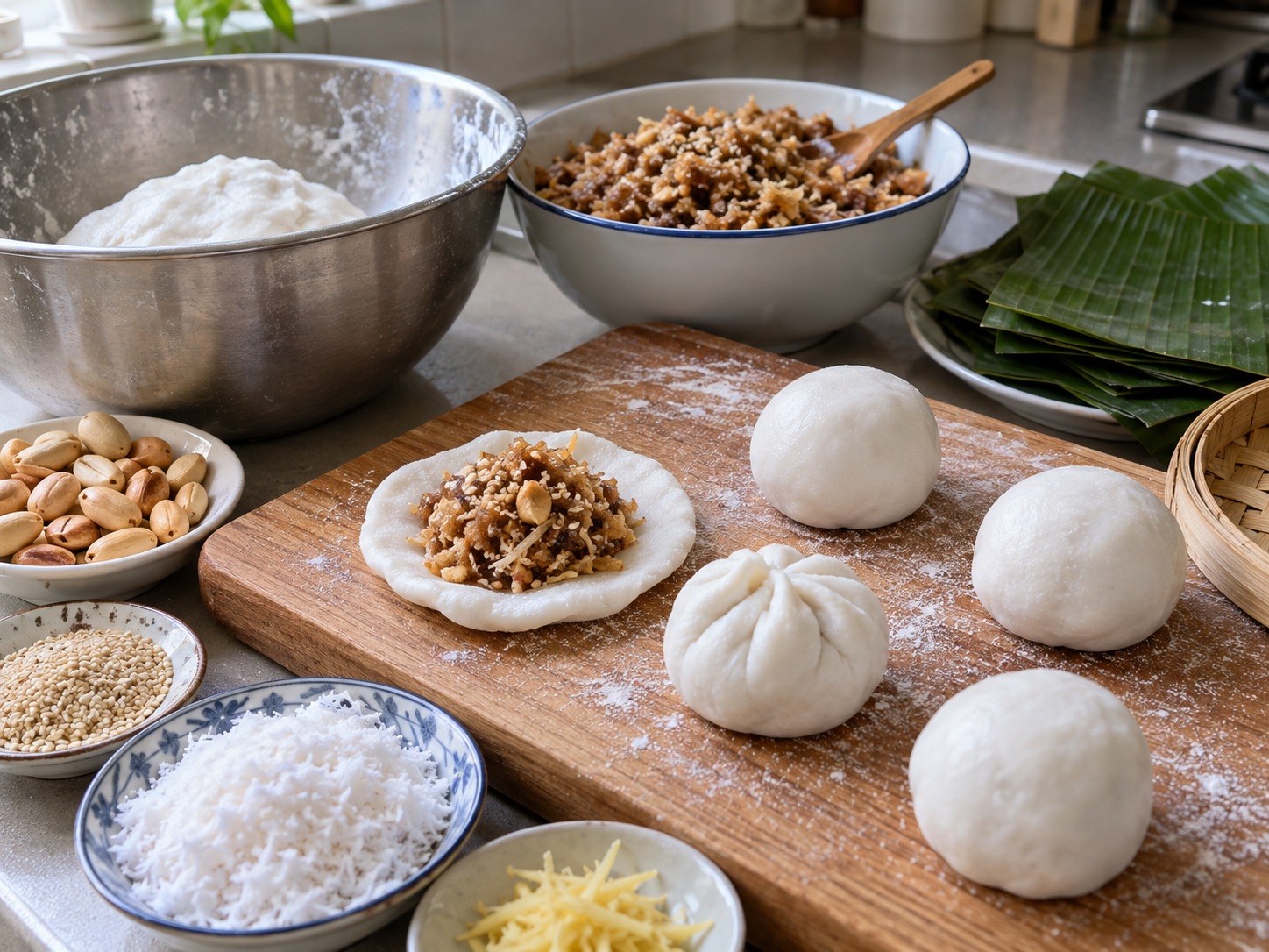 Hainanese Yi Bua na may Niyog — Isara at kurutin nang mahigpit ang masa sa paligid ng palaman upang maging bilog