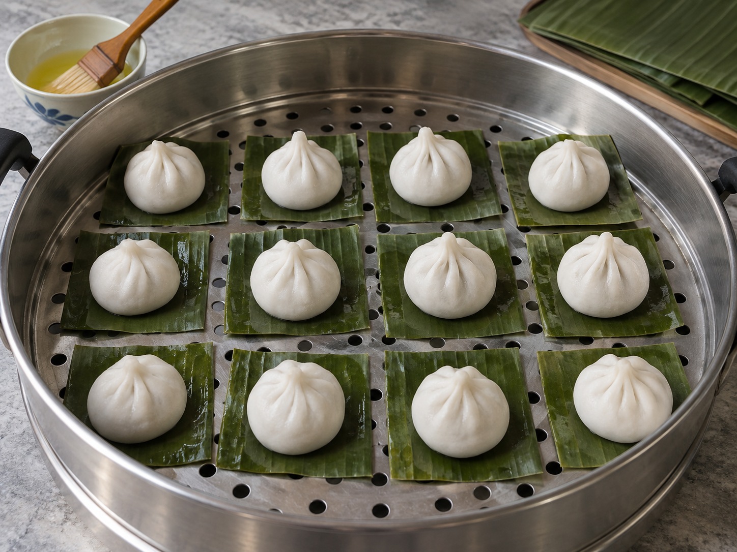 Hainanese Yi Bua na may Niyog — Pahiran nang manipis ng mantika ang dahon