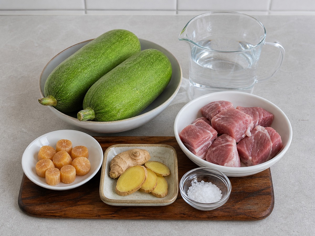 Sup Labu Berbulu, Scallop Kering, dan Daging Babi Tanpa Lemak — ringkasan bahan