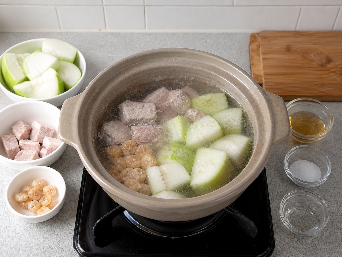 Sup Labu Berbulu, Scallop Kering, dan Daging Babi Tanpa Lemak — langkah 9: Masukkan bahan utama