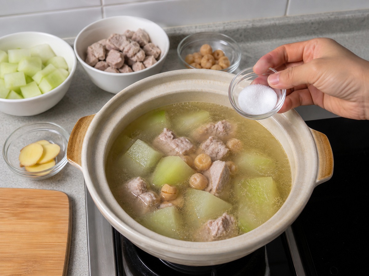 Sup Labu Berbulu, Scallop Kering, dan Daging Babi Tanpa Lemak — langkah 11: Sesuaikan rasa