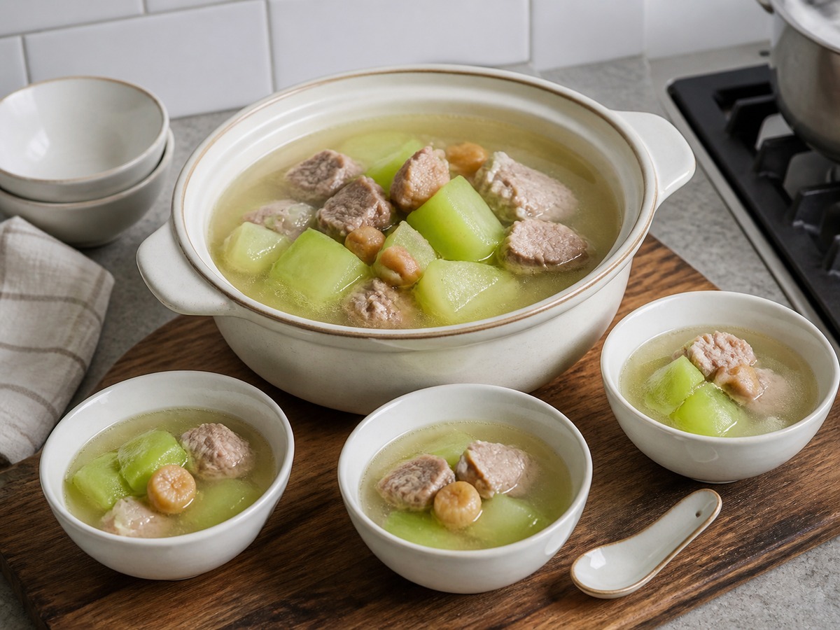 Sup Labu Berbulu, Scallop Kering, dan Daging Babi Tanpa Lemak — langkah 12: Diamkan dan sajikan