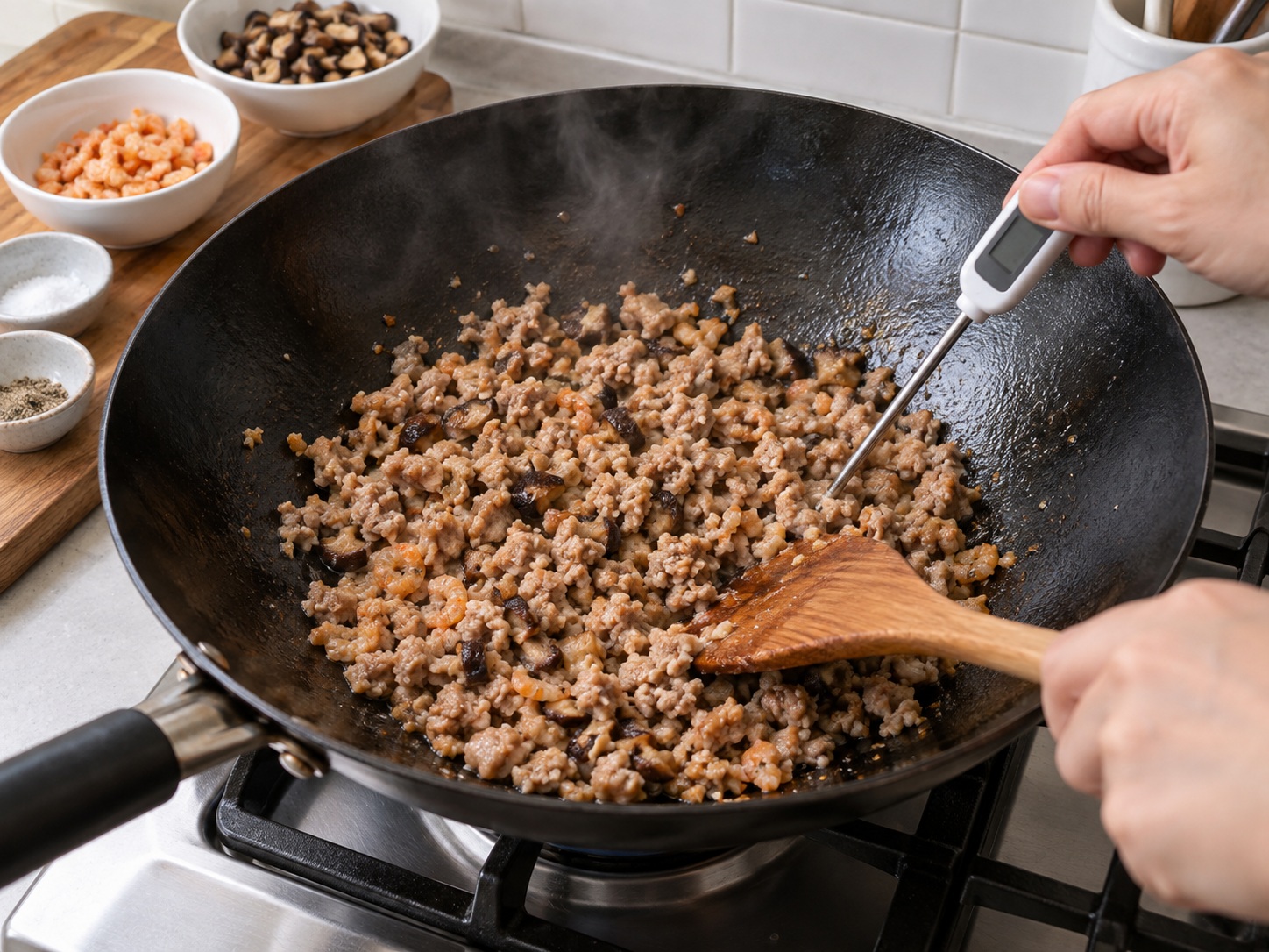 客家算盤子炒肉碎 — 炒熟肉碎配料
