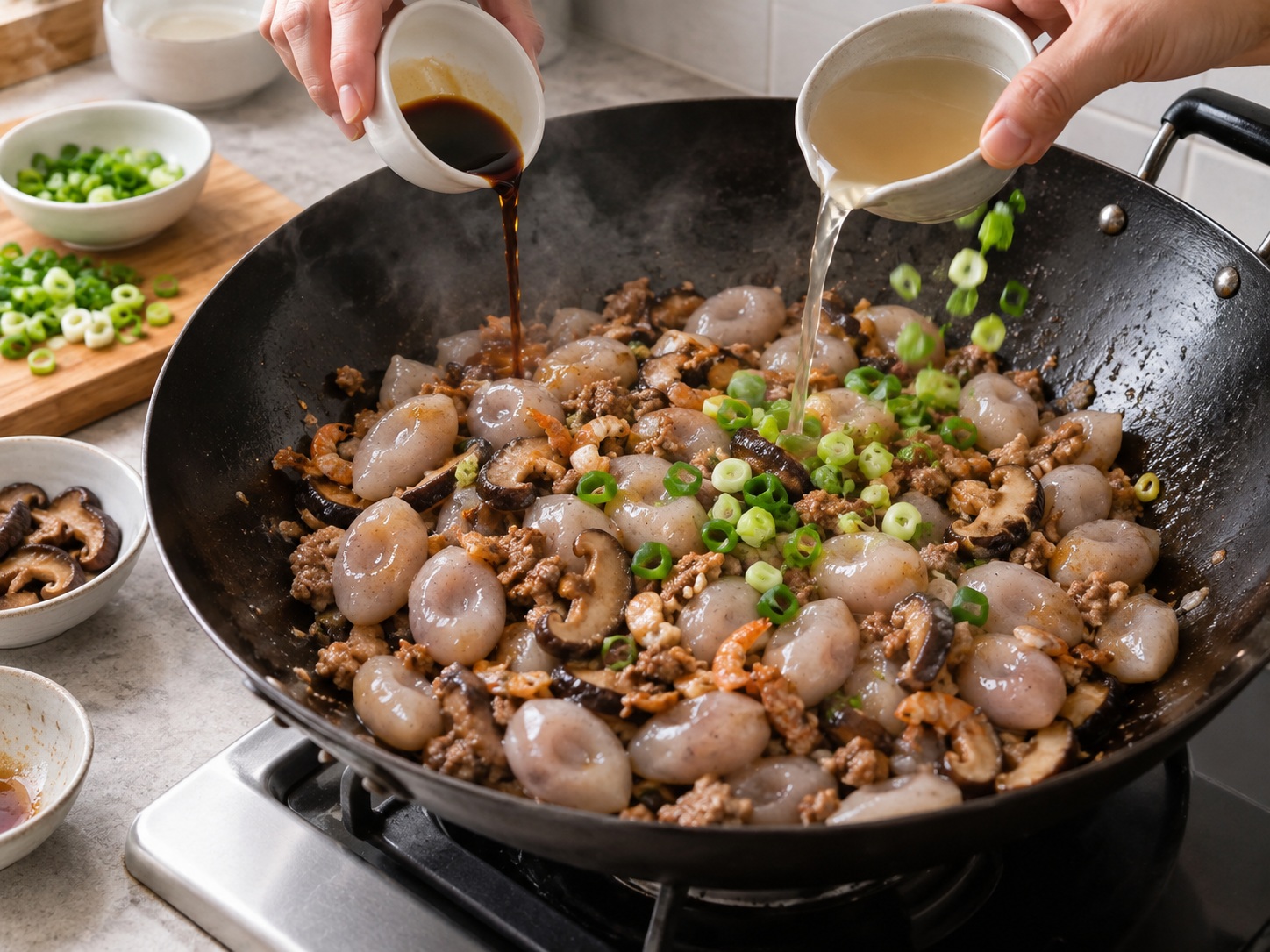 客家算盤子炒肉碎 — 加入算盤子調味