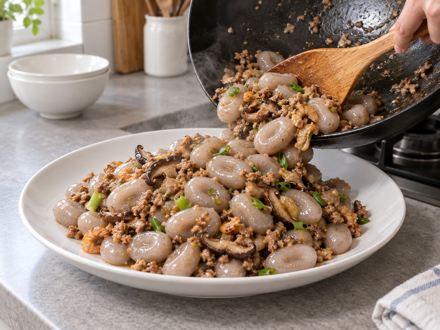 客家算盤子炒肉碎 — 趁熱供應