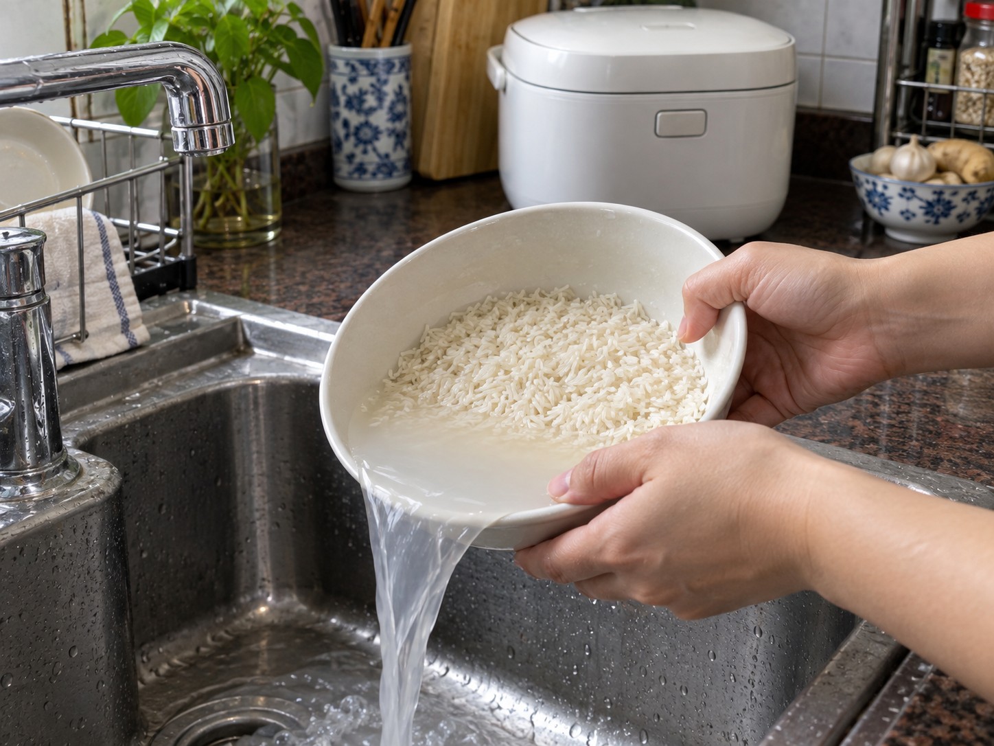 Kanin na may Hakka Lei Cha — 1. Hugasan ang bigas hanggang halos malinaw ang tubig, saka isaing sa rice cooker.