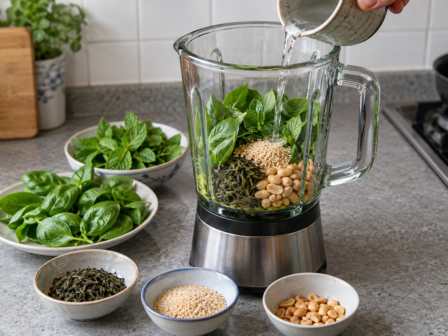 Kanin na may Hakka Lei Cha — 6. Gilingin ang basil, mint, dahon ng berdeng tsaa, linga, kalahati ng mani at kaunting mainit na tubig hanggang maging makinis na paste.