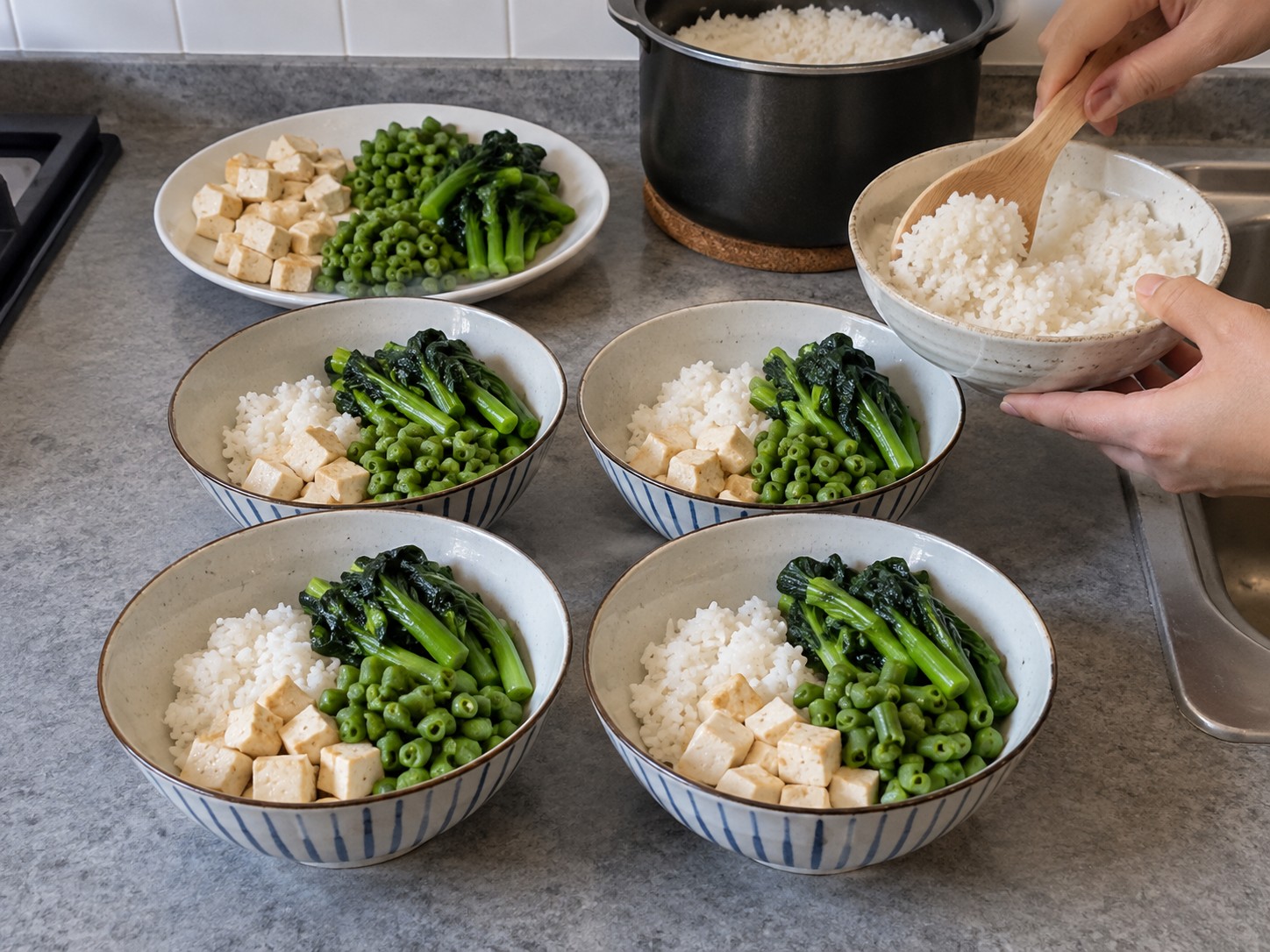 Kanin na may Hakka Lei Cha — 11. Hatiin sa apat na mangkok ang kanin, tokwa, sitaw at choy sum.