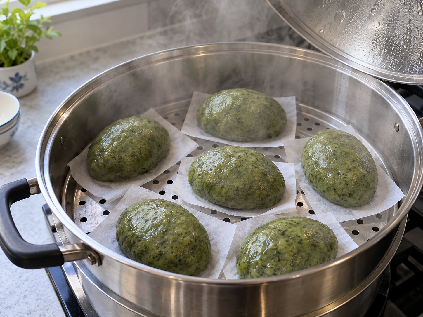 Hakka Mugwort Rice Dumplings — I-steam ang dumplings