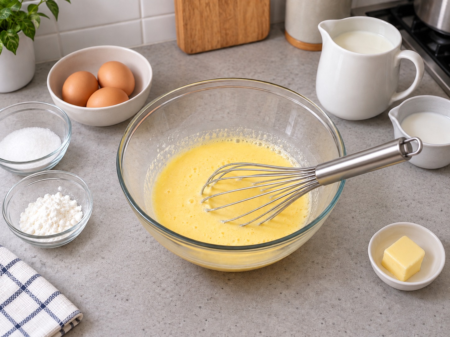 Hong Kong Baked Sago Custard Pudding — Whisk eggs, sugar and cornflour smooth