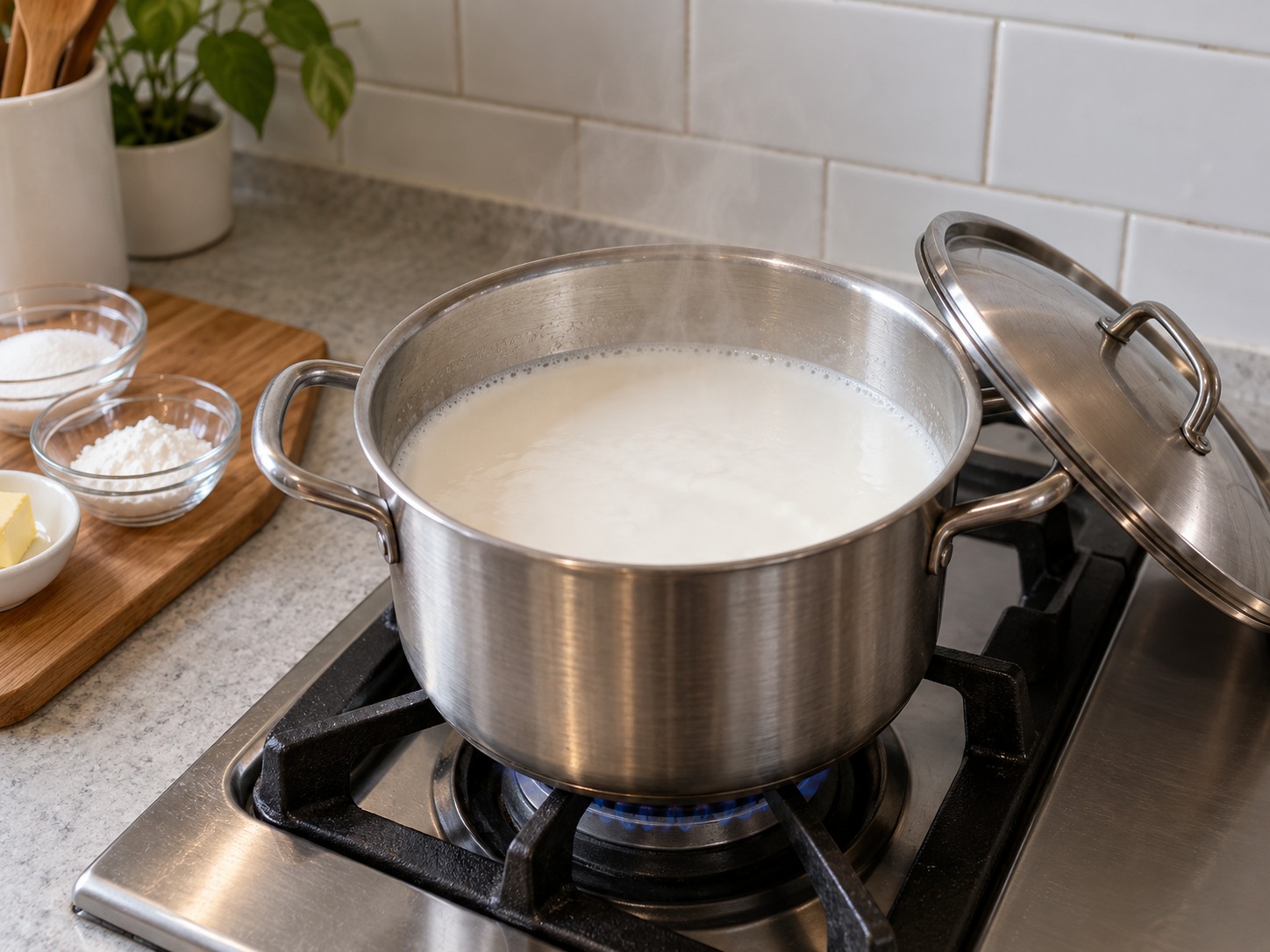 Hong Kong Baked Sago Custard Pudding — Heat milk and coconut milk until lightly steaming, not boiling