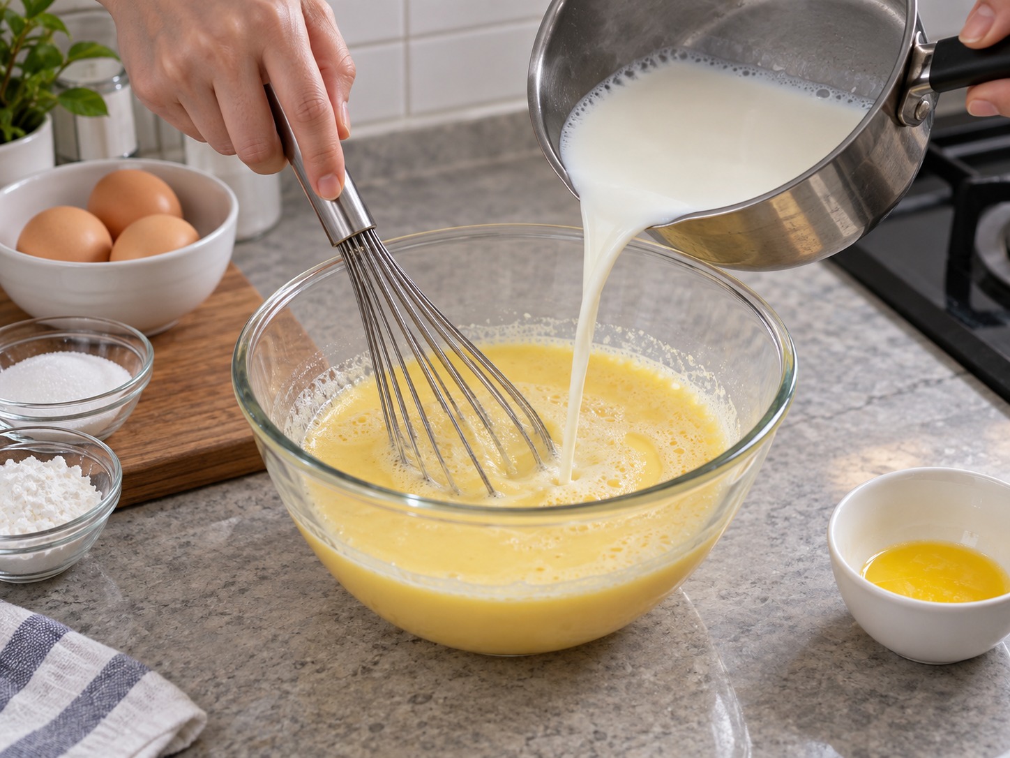 Hong Kong Baked Sago Custard Pudding — Slowly whisk hot milk into egg mixture continuously