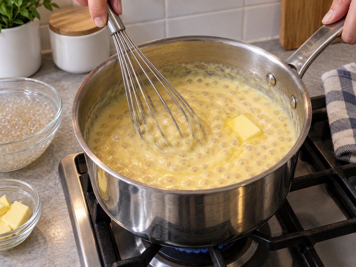 Hong Kong Baked Sago Custard Pudding — Return to pot and stir over low heat until thick; add remaining butter and sago