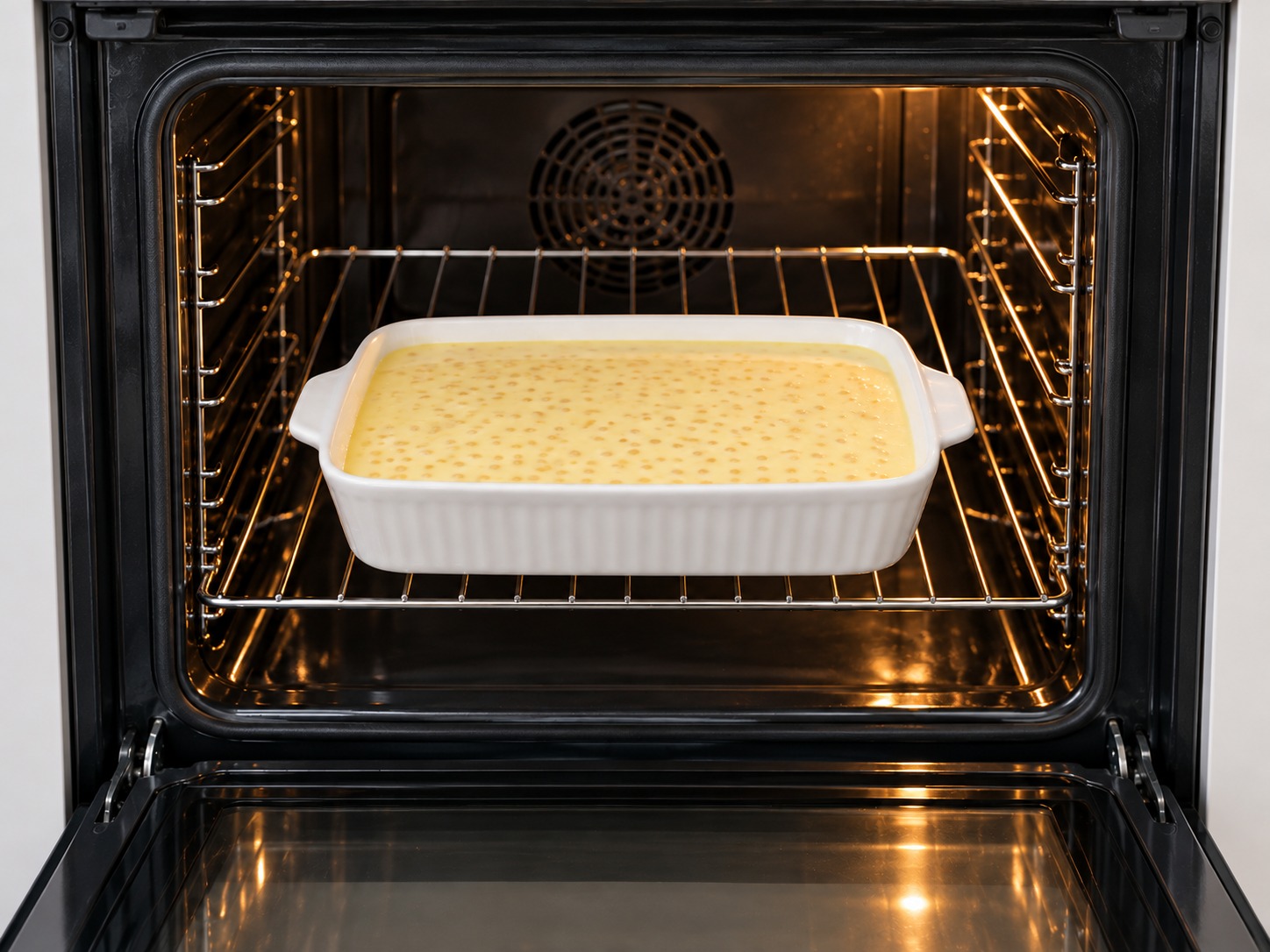 Hong Kong Baked Sago Custard Pudding — Pour into dish, level the surface and place on the middle oven rack