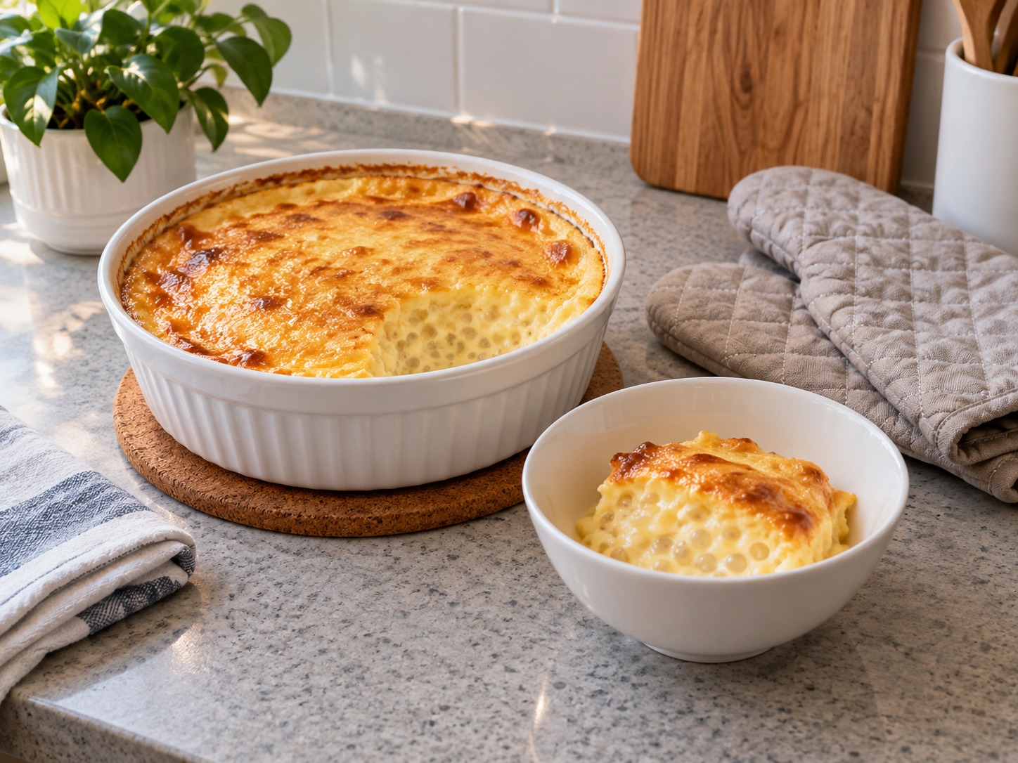Hong Kong Baked Sago Custard Pudding — Remove with gloves, cool slightly and portion into bowls