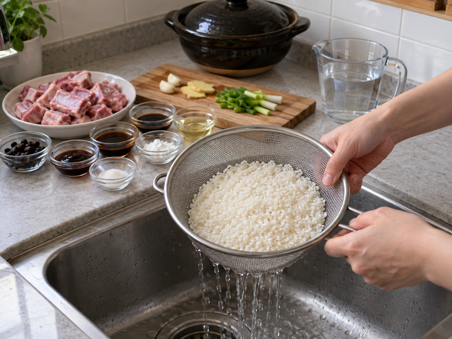 Hong Kong Claypot Rice na Tadyang ng Baboy sa Black Bean Sauce — Hugasan ang bigas hanggang halos malinaw ang tubig at patuluin