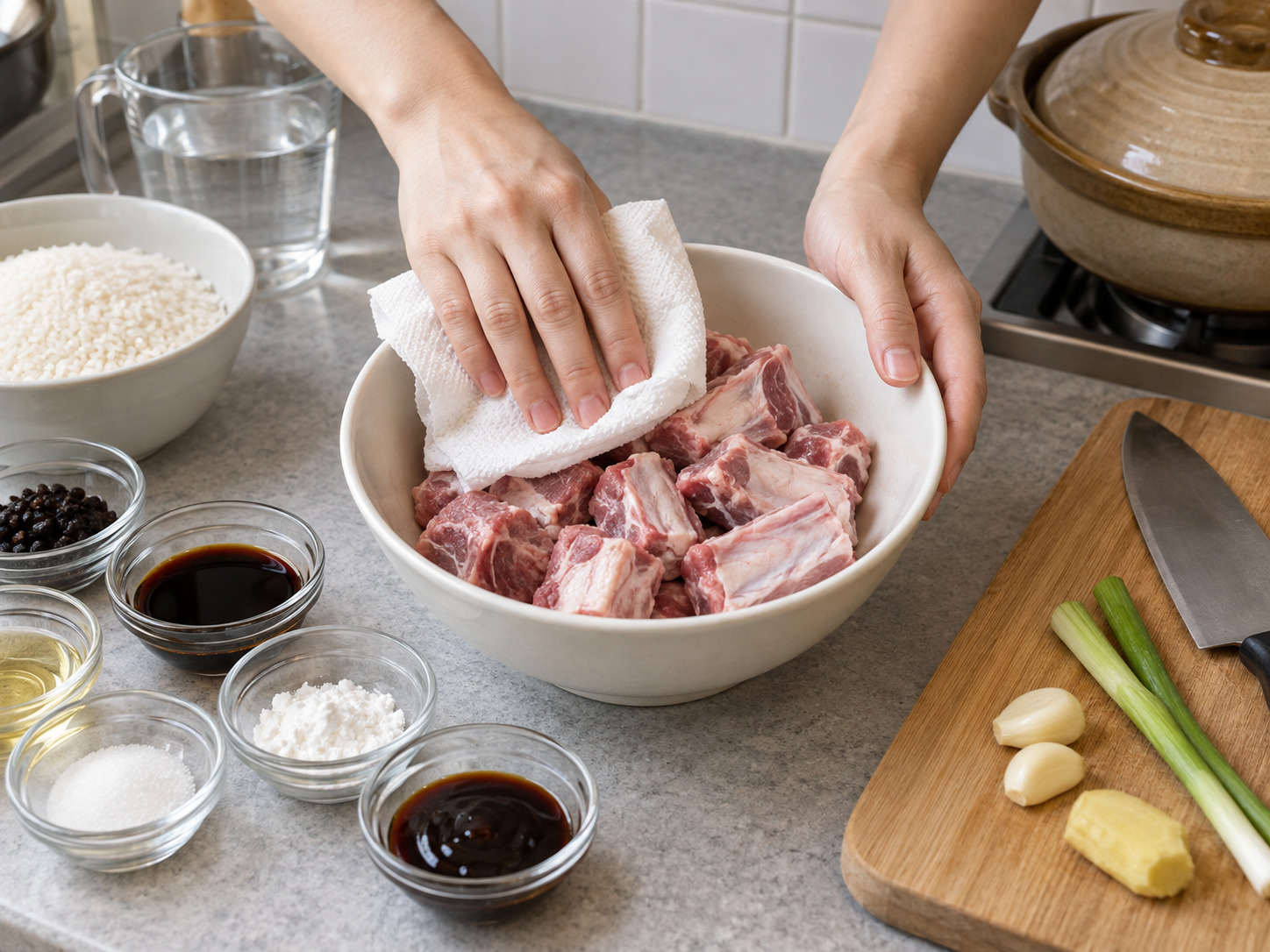 Hong Kong Claypot Rice na Tadyang ng Baboy sa Black Bean Sauce — Banlawan at patuyuin ang tadyang, saka ilagay sa mangkok