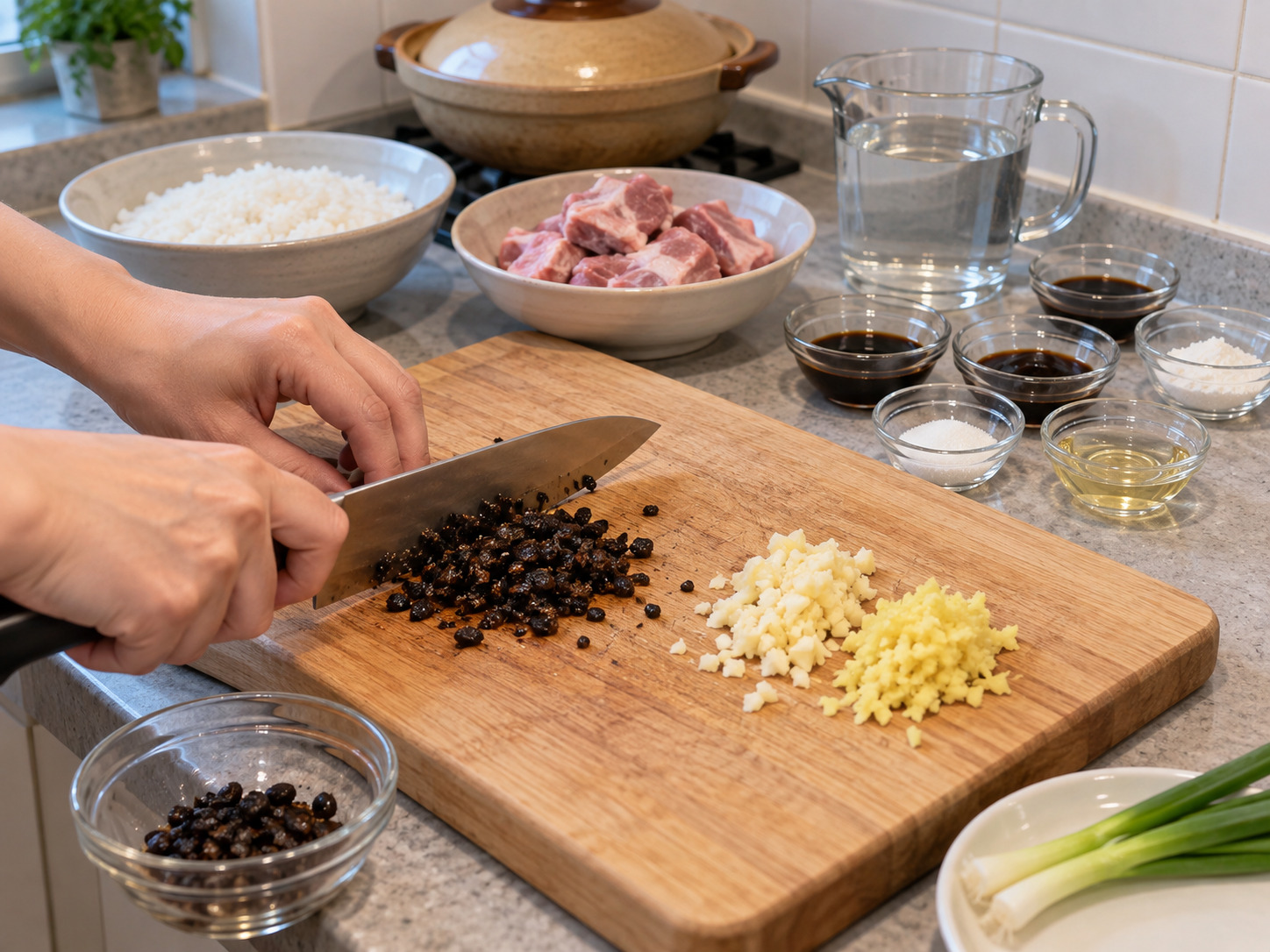 Hong Kong Claypot Rice na Tadyang ng Baboy sa Black Bean Sauce — Banlawan at tadtarin ang black beans, bawang at luya