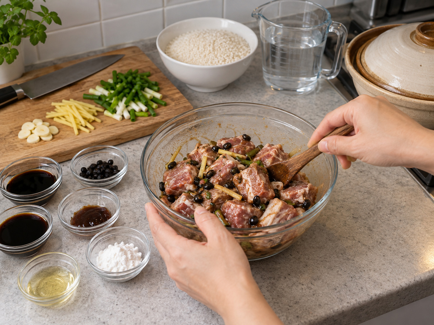Hong Kong Claypot Rice na Tadyang ng Baboy sa Black Bean Sauce — Haluin ang tadyang, black beans, aromatics at marinada; ibabad nang sampung minuto