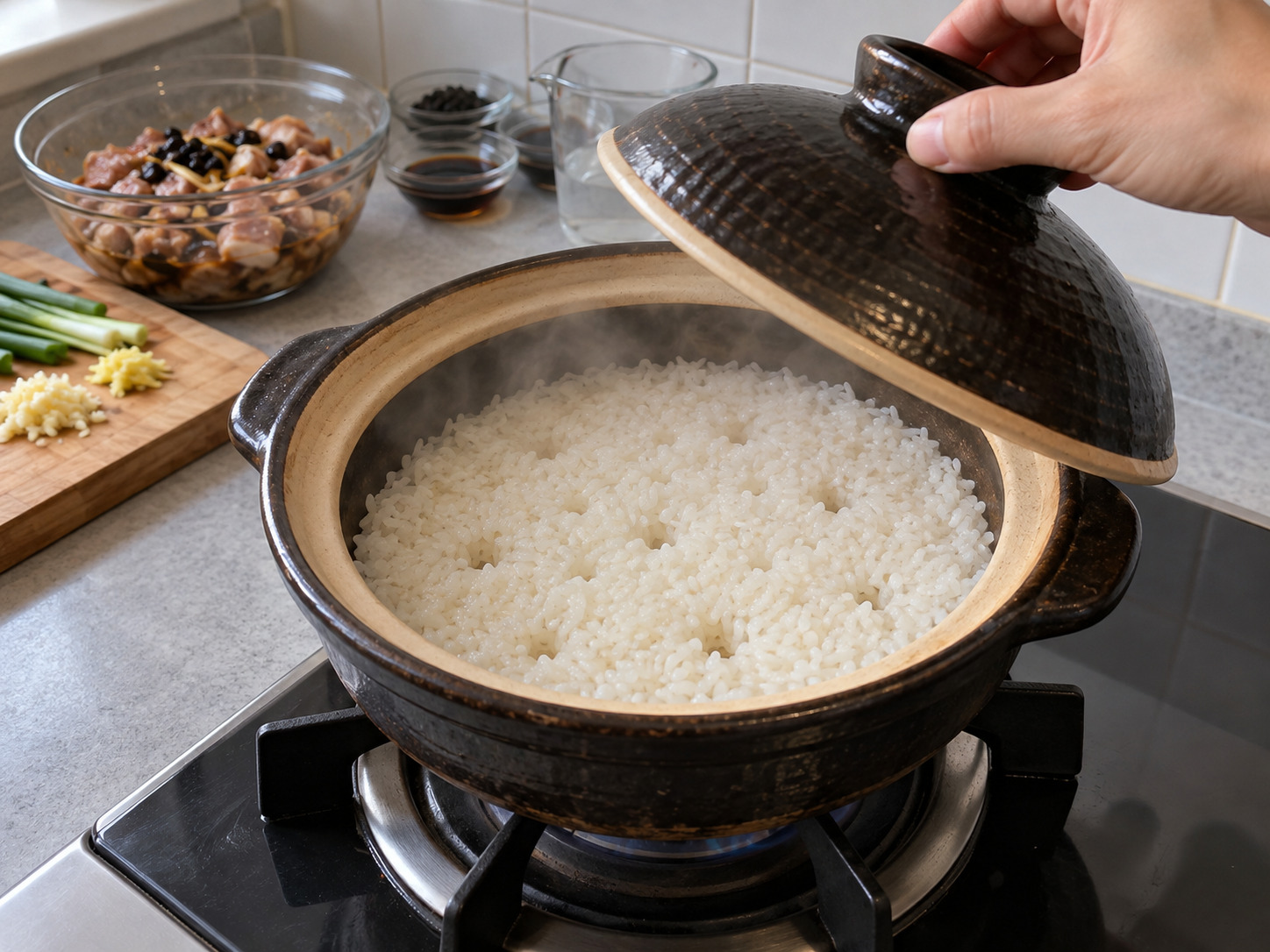 Hong Kong Claypot Rice na Tadyang ng Baboy sa Black Bean Sauce — Hinaan ang apoy at lutuin nang walong minuto hanggang magkaroon ng maliliit na butas ang ibabaw