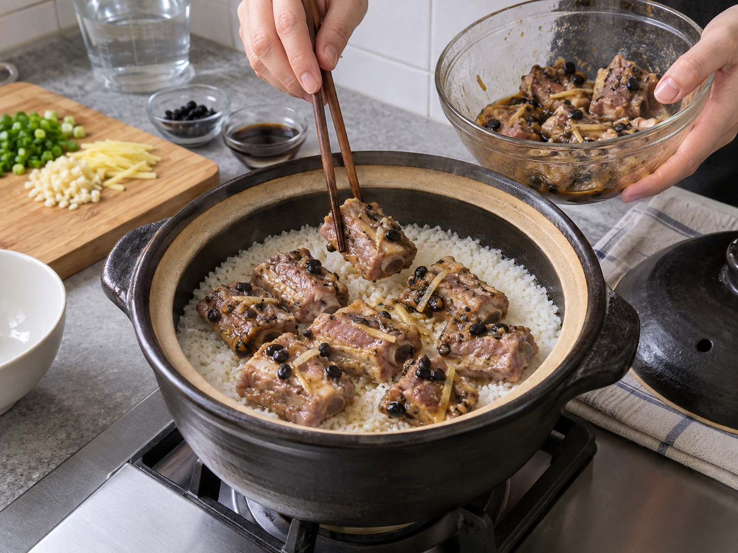 Hong Kong Claypot Rice na Tadyang ng Baboy sa Black Bean Sauce — Ilatag ang tadyang nang isang patong sa ibabaw ng bahagyang lutong kanin