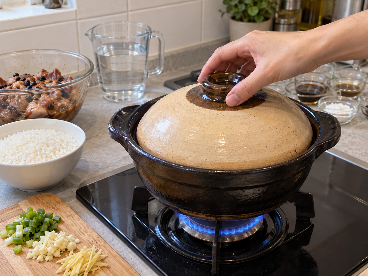 Hong Kong Claypot Rice na Tadyang ng Baboy sa Black Bean Sauce — Takpan at lutuin sa mahinang apoy nang labindalawang minuto