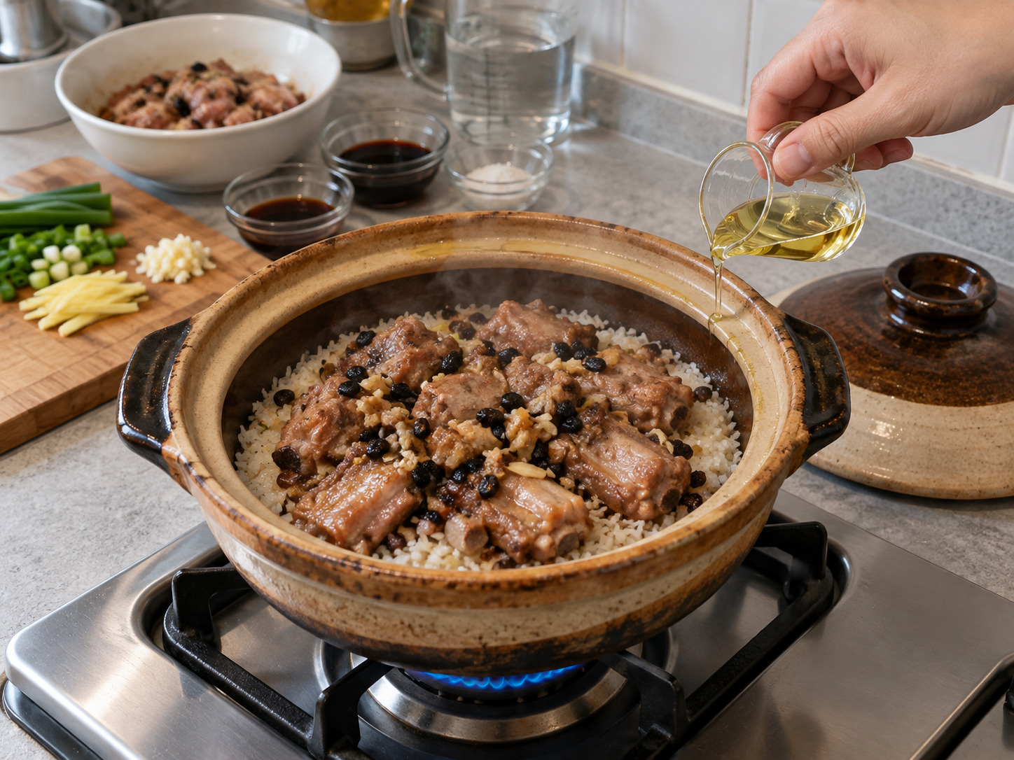 Hong Kong Claypot Rice na Tadyang ng Baboy sa Black Bean Sauce — Patakan ng kaunting mantika sa gilid at lutuin nang tatlong minuto upang magkaroon ng tutong