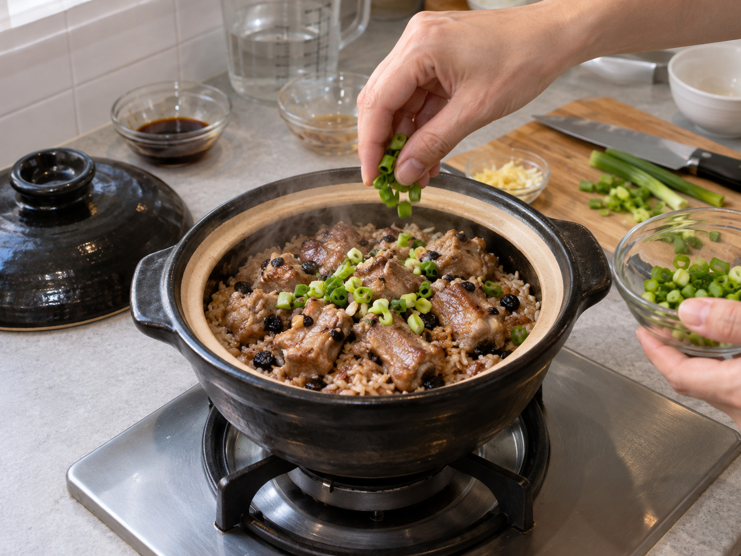 Hong Kong Claypot Rice na Tadyang ng Baboy sa Black Bean Sauce — Tiyaking lubos na luto ang tadyang at budburan ng murang sibuyas