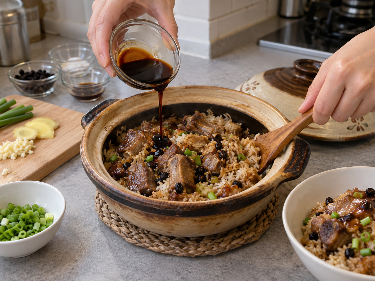 Hong Kong Claypot Rice na Tadyang ng Baboy sa Black Bean Sauce — Ibuhos ang soy sauce, haluin ang tadyang sa kanin at ihain