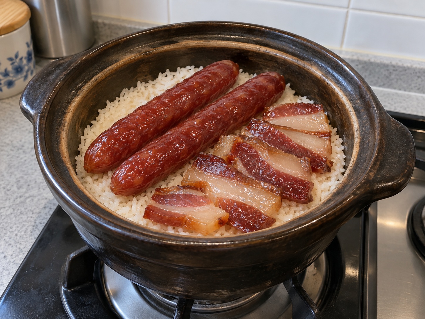 Hong Kong Claypot Rice na may Cured Meats — Ilagay ang cured meats