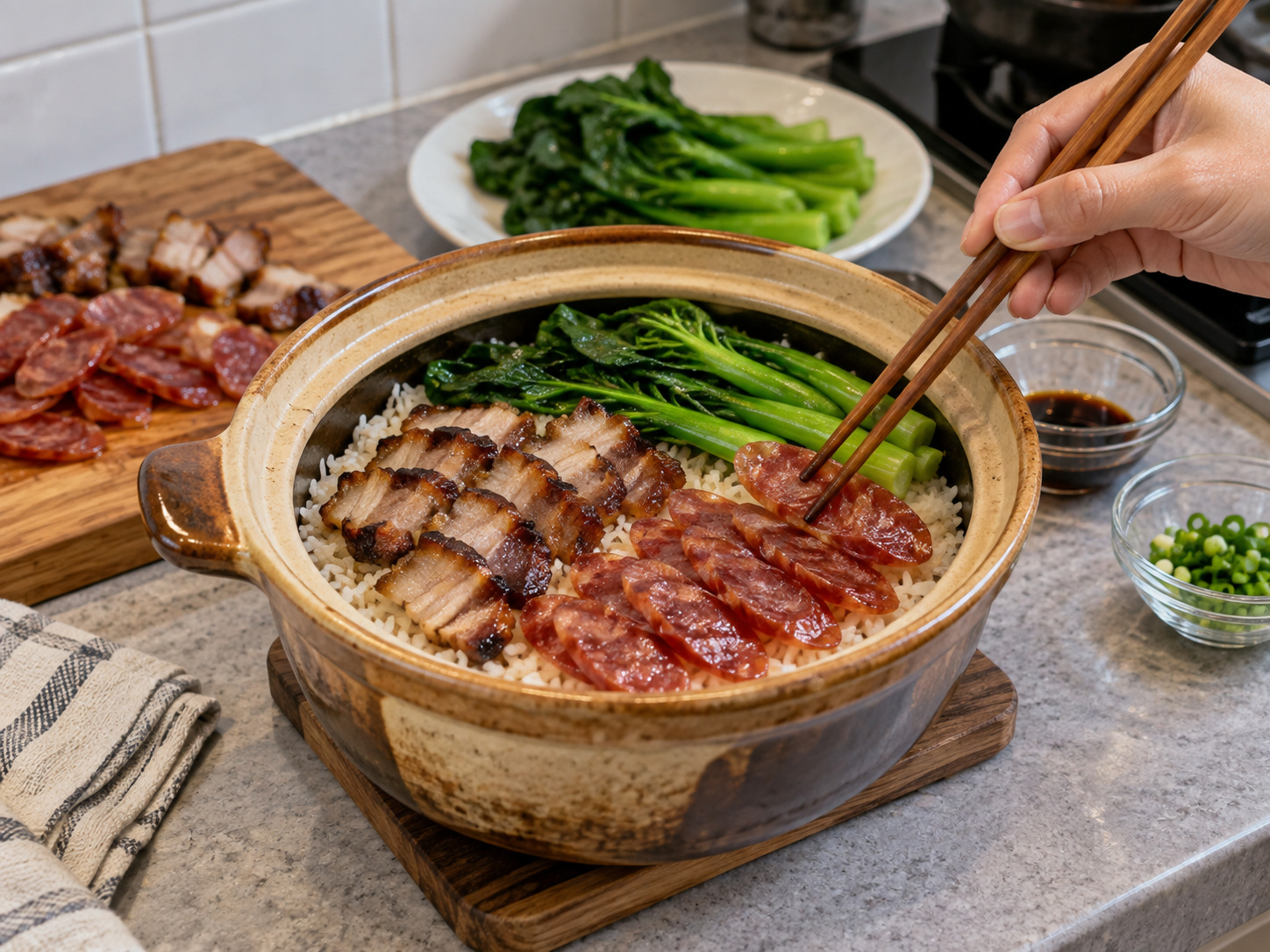 Hong Kong Claypot Rice na may Cured Meats — Hiwain at ayusin