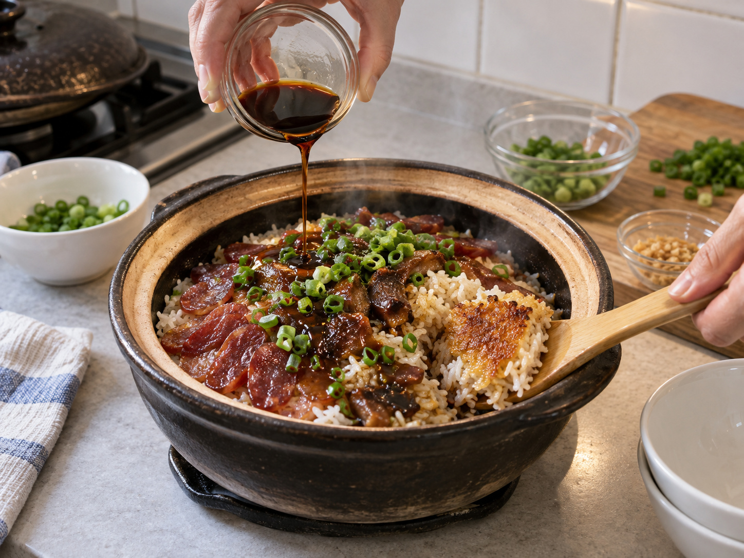 Hong Kong Claypot Rice na may Cured Meats — Lagyan ng sauce