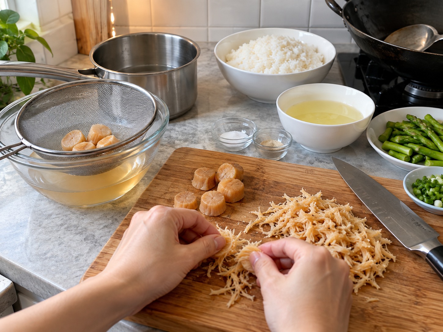港式瑤柱蛋白炒飯 — 瑤柱隔起保留浸液，撕成幼絲並抹乾