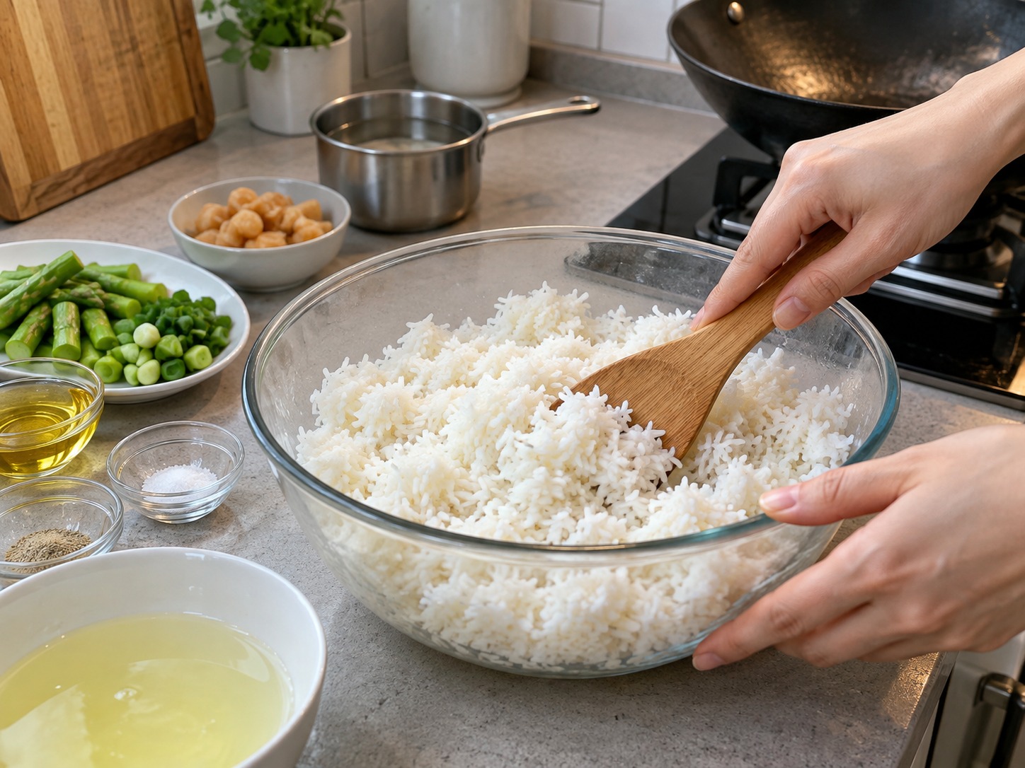 港式瑤柱蛋白炒飯 — 冷飯以手指輕輕搓散，不要壓爛飯粒